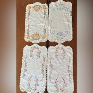 Hand Embroidered Linen Doily Set of 4 Dresser Scarf Crochet Lace Floral 17”x9”